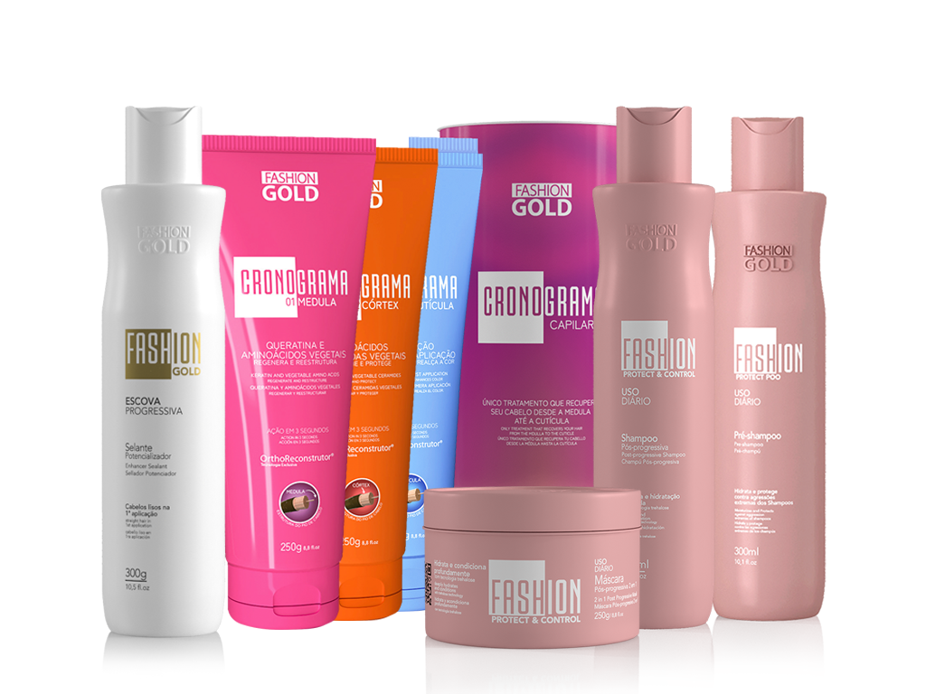 Cronograma Capilar Lata x3 Bisnagas 250gr + Alisamento Fashion Gold 300gr + Shampoo 300ml + Máscara 250gr