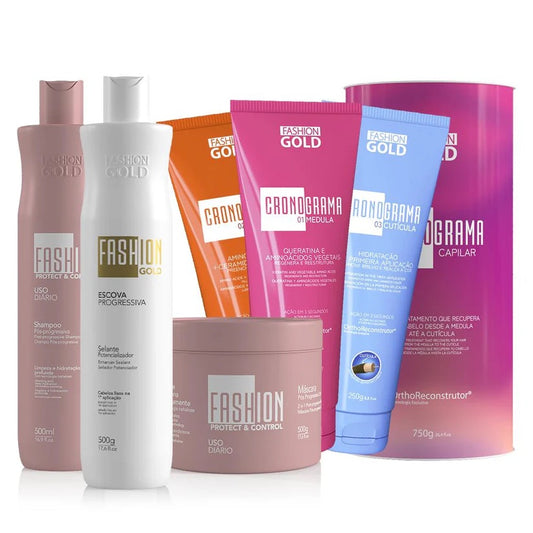 Cronograma Capilar Lata x3 Tubos 250gr + Alisado Fashion Gold + Sh + Mask 500ml