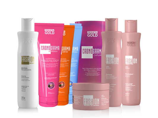 Cronograma Capilar Lata x3 Bisnagas 250gr + Alisamento Fashion Gold 300gr + Shampoo 300ml + Máscara 250gr