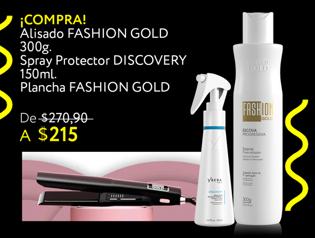 Kit Alisado Fashion Gold 300gr + Spray Protector Discovery 150ml + Plancha Fashion Gold