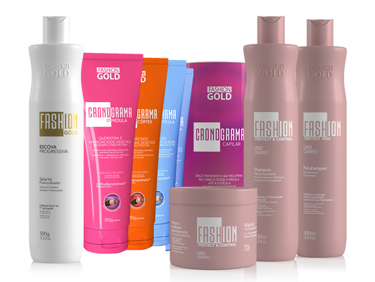 Cronograma Capilar Lata x3 Bisnagas 250gr + Alisamento Fashion Gold + Sh + Máscara 500ml